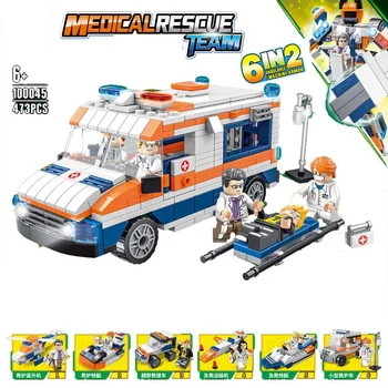 

Super transformation 6in2 robot first aid ambulance building block helicopter speedboat brick doctor figures educational toys
