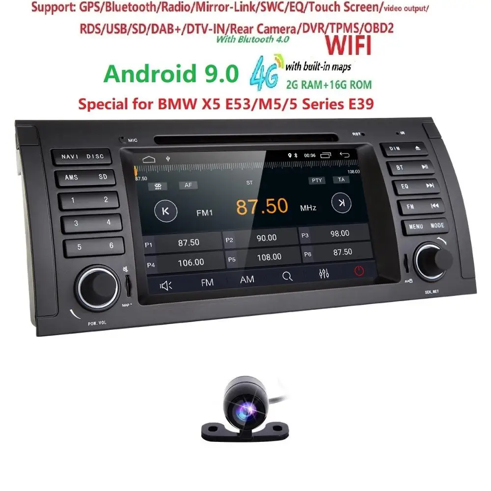 Clearance Car DVD Player GPS Audio Radio For BMW 5 Series X5 E53 E39 M5 Android 9.0 1024*600 Quad Core 4X1.6GHz CPU 2GB/16GB Flash Stereo 3