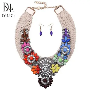 

DiLiCa Gorgeous Crystal Flower Bib Necklace Set Fashion Jewelry Sets for Women Statement Earrings Sets Necklaces Pendants
