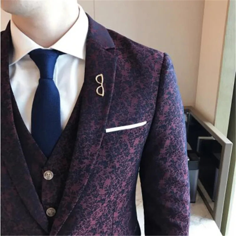 Tuxedo Paisley 3 Piece Jacquard Suit 3XLLuxury Wine Red Costume Mariage Homme Mens Suits With Pants Vintage Mens Suit British