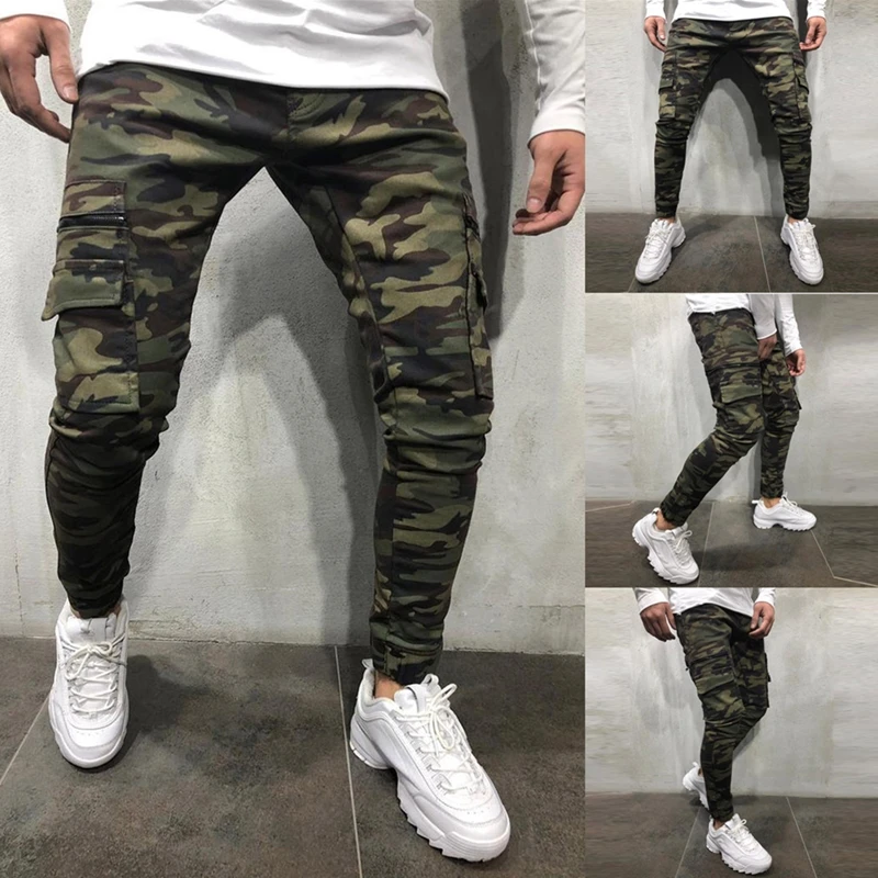 De estilo camuflaje hombres vaqueros de jogging Pantalones militares Slim Multi-Bolsillo de carga pantalones Hip Hop sólido lápiz de color Vaqueros Hombre