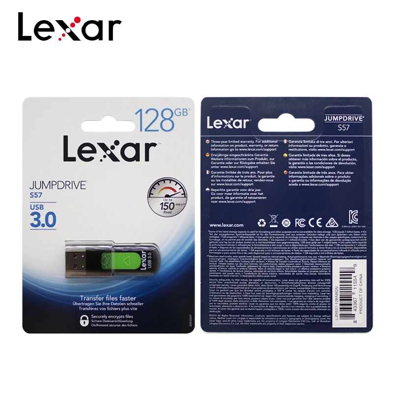 Lexar JumpDrive S57 флеш-накопитель USB 3,0 32GB 256-bit AES флешки 128GB 256GB флеш-накопитель для ПК и Mac систем