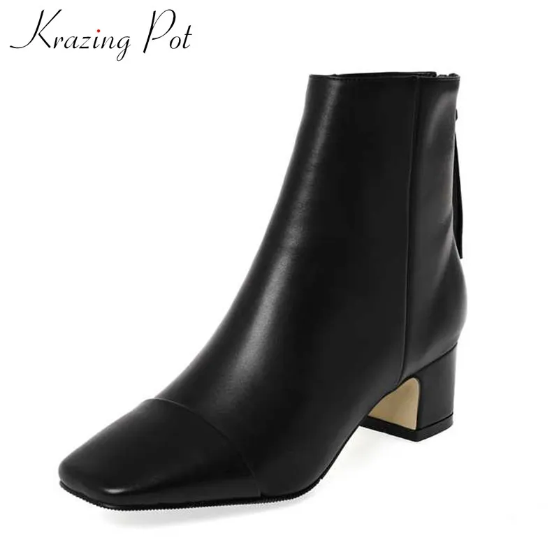 

krazing pot basic daily wear cow leather soft breathable boots square toe med heels women winter solid back zip ankle boots L10