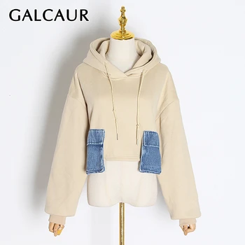 

GALCAUR Korean Patchwork Denim Hit Color Women's Sweatshirts Hooded Long Sleeve Oversize Casual Sweatshirt Female 2020 Autumn