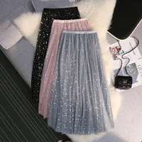 Falda de malla de Color degradado para mujer, falda de tul de cintura alta elástica con lentejuelas de cielo estrellado para mujer, ropa de calle larga de hadas, novedad de 2021