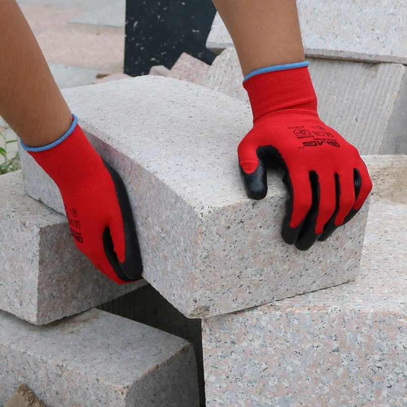Горячая GMG CE сертифицированные EN388 красный полиэстер Черный Гладкий Нитриловый рабочие перчатки защитные перчатки рабочие перчатки