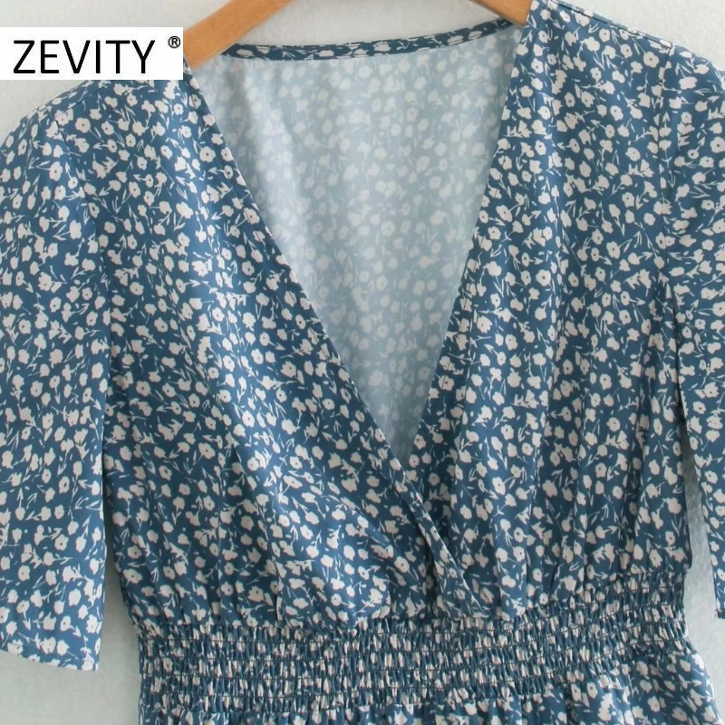 ZEVITY New women sweet v neck floral print elastic waist mini dress female short sleeve agaric lace vestidos chic dresses DS4431