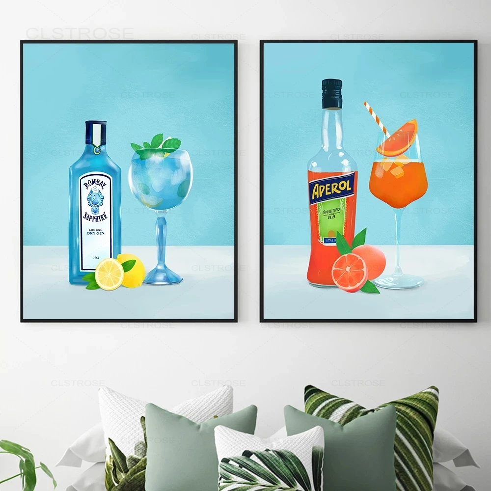 Modern Blue Style Cocktail Poster E Stampa Aperol Spritz Gin Tonic Calice Canvas Painting Kitchen Bar Wall Art Decor Pictures