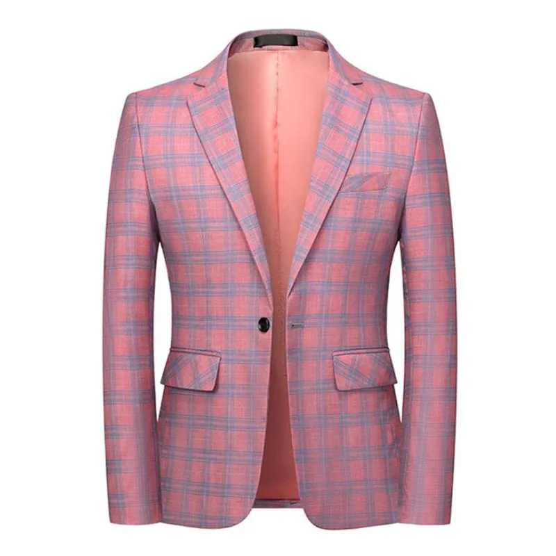 Men Plaid Blazer Cotton Slim England Suit Jacket S-6XL