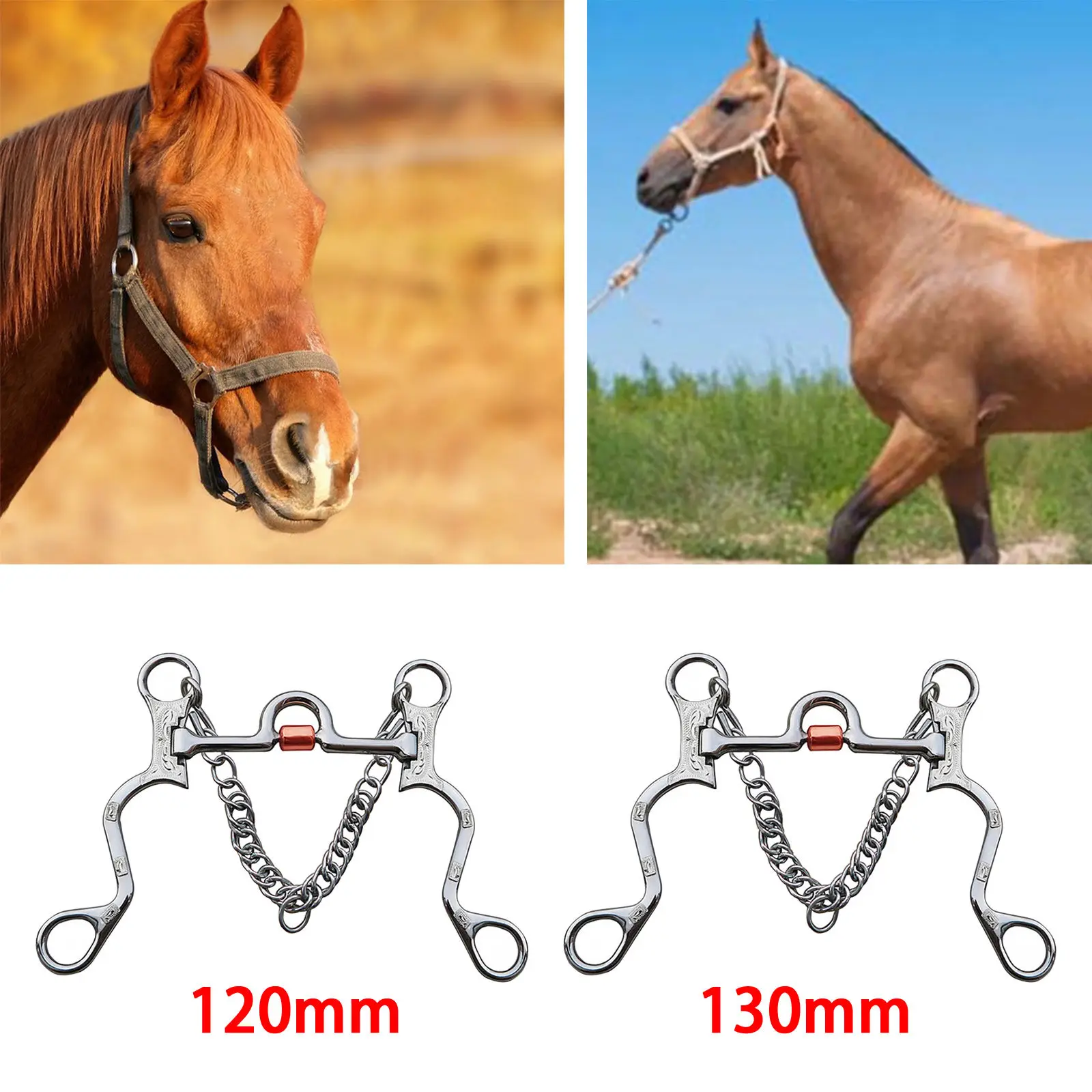 Stainless Steel Horse Bit Copper Mouth Sweet Iron W/Curb Hooks Chain with Silver Trims Harness Antirust for Training Equipment 3