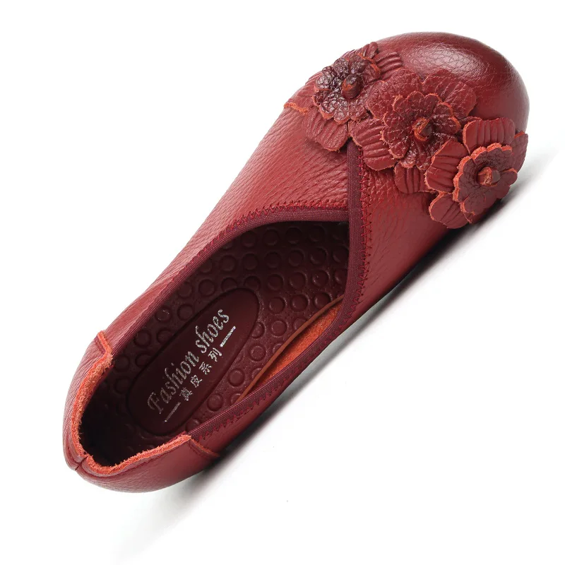 Handmade Genuine Leather Low Heels Women's Runway Shoes Woman Flower Retro Pumps Large Size 42 Ladies Small Pressure Heeled Shoe