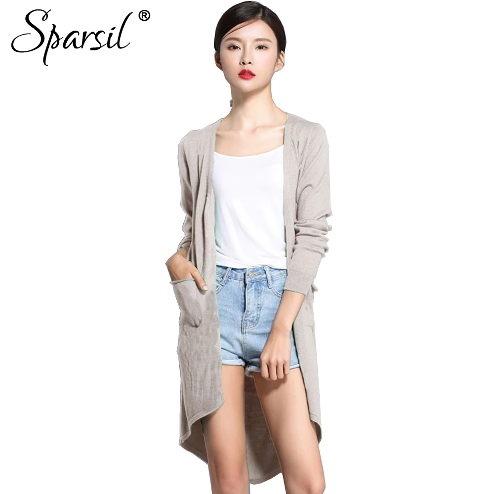 

Sparsil Women Spring Autumn Knitted Cardigans Solid Pockets Irregular Long Sleeve V-Neck Sweaters Long Coat Female Sweater