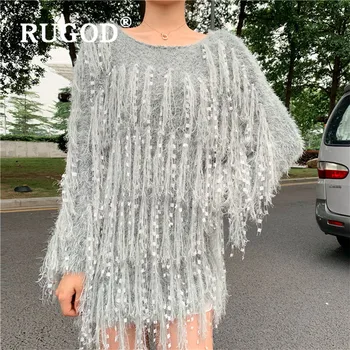 

RUGOD new autumn women's sweater pull o neck tassel sequin long style knit pullover fashion female temperament fairy tops