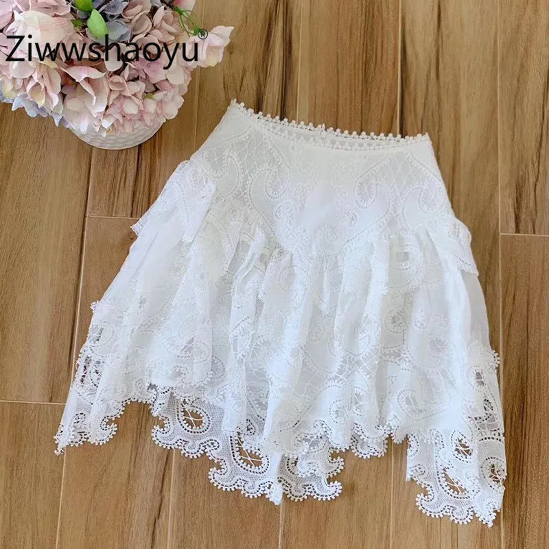 Ziwwshaoyu, Boho, подиумная дизайнерская Хлопковая женская юбка, изысканная, ажурная, с вышивкой, асимметричная, Boho, белая юбка
