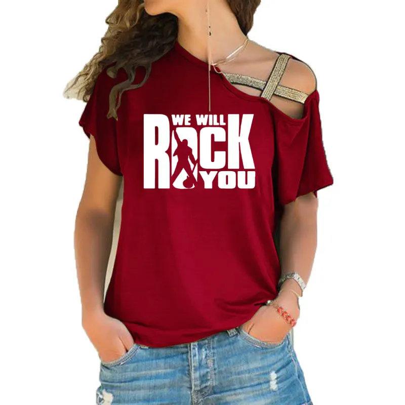 We Will Rock You, женская футболка, летняя, queen, рок-группа, футболка, короткий рукав, хлопок, рок-ролл, для женщин, с неровным перекосом, крест, топы