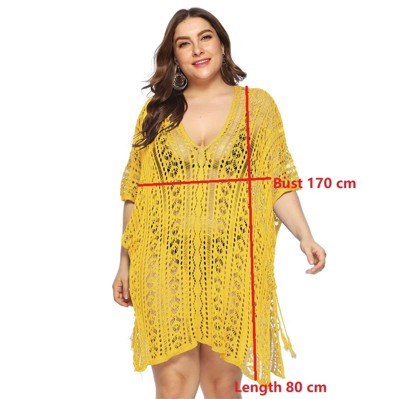 Большие размеры Трикотаж крючком пляжные платья и туники желтый выдалбливают пляжная туника v-образным вырезом нерегулярная пляжная одежда красный 14 цветов