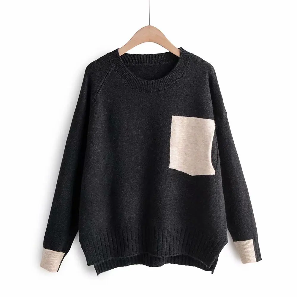 Вязаный женский свитер, Модный пуловер с круглым вырезом, поддельный карман, трикотажная одежда неправильной формы, вязаный женский свитер-пуловер, свободный джемпер для женщин - Цвет: Black Sweater
