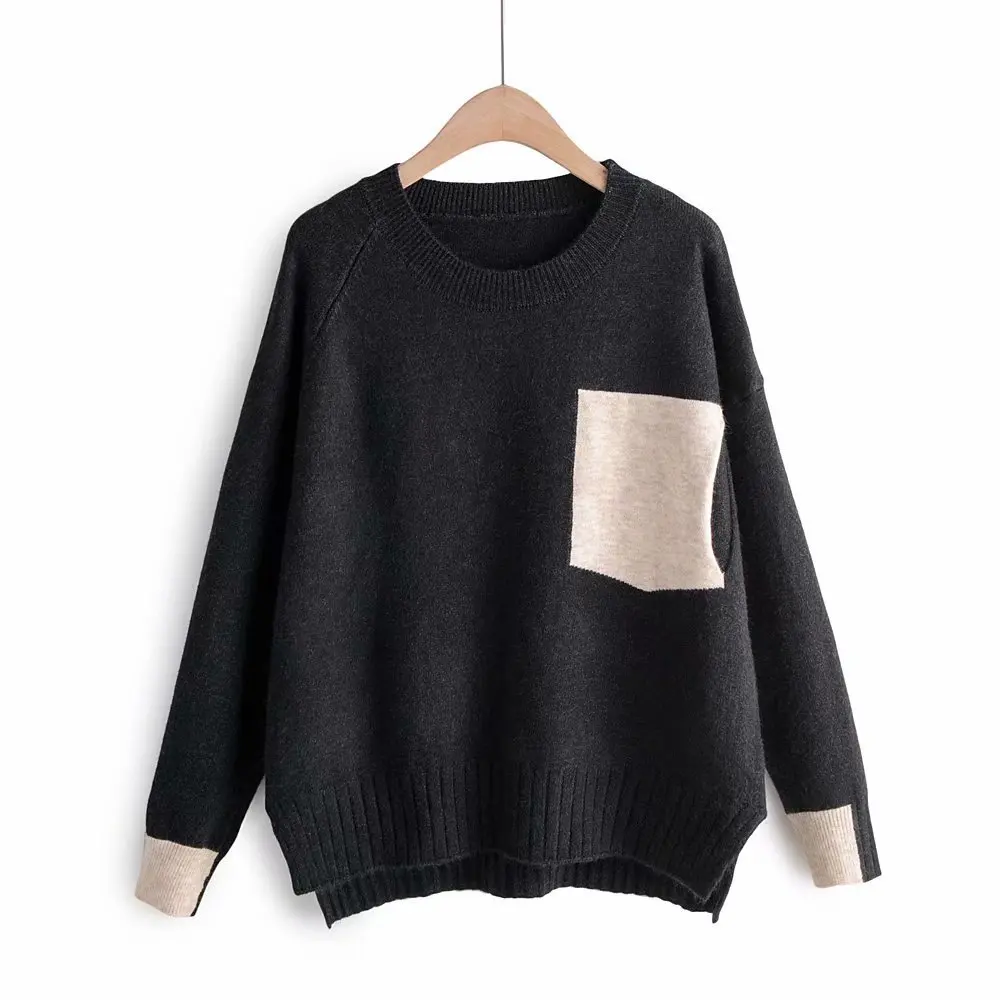 Black Sweater Вязаный женский свитер, Модный пуловер с круглым вырезом, поддельный карман, трикотажная одежда неправильной формы, вязаный женский свитер-пуловер, свободный джемпер для женщин - Цвет: Black Sweater