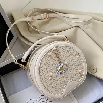 

2020 New Hit Women's Single Shoulder Bag Small Round Bag Straw Woven PU Fashion Casual Diagonal Bag For Phone Korean Female Bag