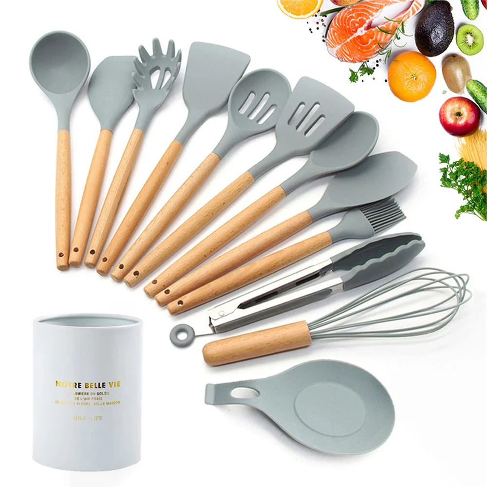 

New 9 To 13 Pcs Gray Silicone Cooking Utensils Wooden Handle Kitchen Utensil Set with Stainless Steel Storage Box Cooking Tools