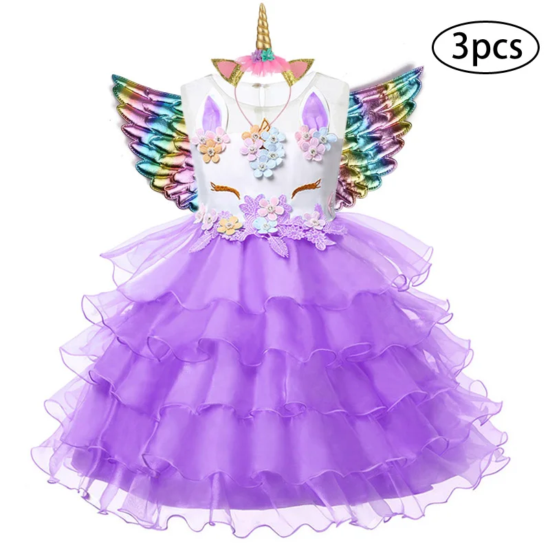 Новое платье для девочек, 3 предмета, Детские платья для девочек, вечерние платья с единорогом, карнавальный костюм на Рождество, детское платье принцессы для 3, 5, 6, 8, 9, 10 лет - Цвет: Purple