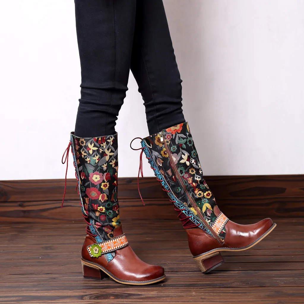 

Boots Women Flower Floral Retro Splicing Floral Pattern Boots Lace Up Round Toe Mid-calf Zipper Lace Boots Shoes botas mujer
