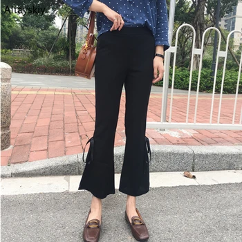

Pants Women 2020 Spring Chic Black High Waist Korean Style Slim Womens Bow Solid Casual Ankle-Length Trousers Female All-match