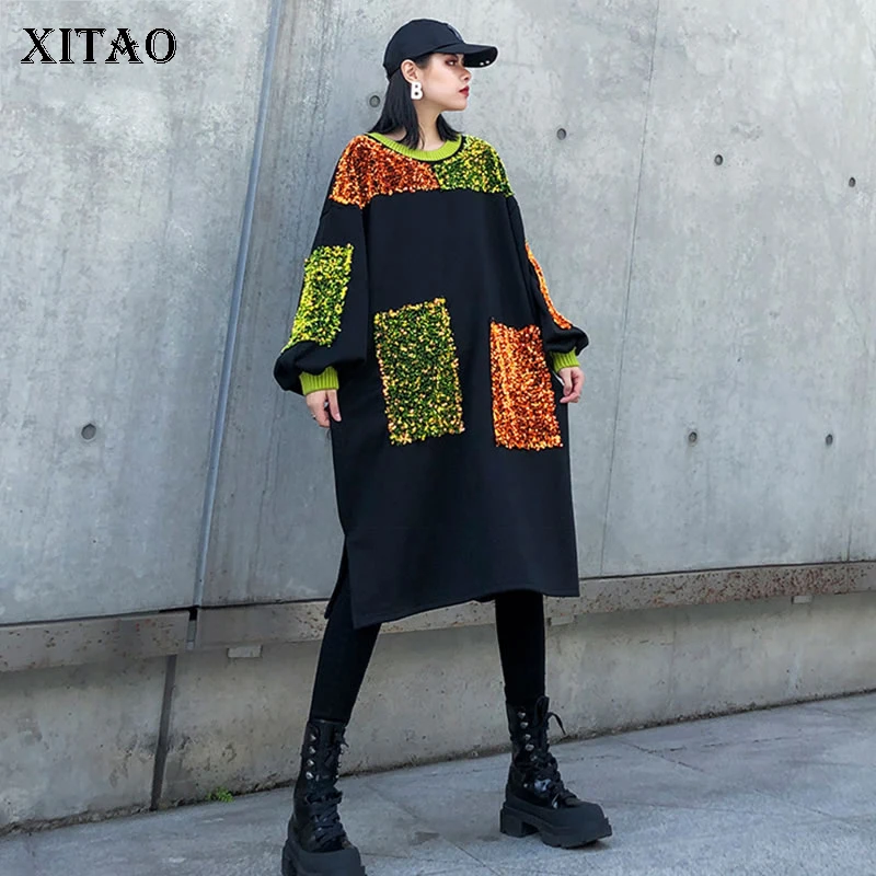 XITAO Trend уличная одежда с блестками женское платье свободного кроя большие размеры
