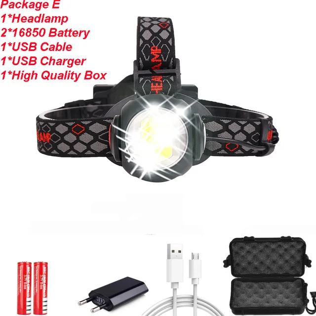 Package E Мощная яркая фара T6+ COB Светодиодный фонарь с вращением на 360 градусов, USB Перезаряжаемый водонепроницаемый лучший походный фонарик для улицы - Испускаемый цвет: Package E