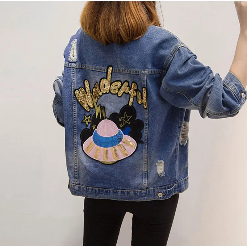 BF Harajuku свободная рваная джинсовая куртка 4Xl 3Xl женские джинсы с вышивкой и блестками пальто уличная джинсовая куртка с дырками повседневные топы