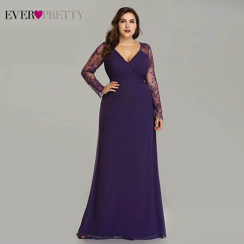 Женские кружевные вечерние платья Ever Pretty, вечерние наряды разных цветов, с V-образным вырезом, длинным рукавом, больших размеров, для выпускного вечера, вечеринки, EP08692, осень - Цвет: Purple