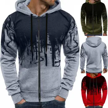 

2020 Newest Men Autumn Long Sleeve Splash-Ink Drawstring Zipper Hooded Sports Coat
