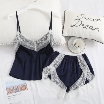 

2PCS Pajamas Set Lady Strap Top&Shorts Silky Satin Bathrobe Nightwear Lace Patchwork Sleep Set Sexy Pijamas 2020 New Homewear