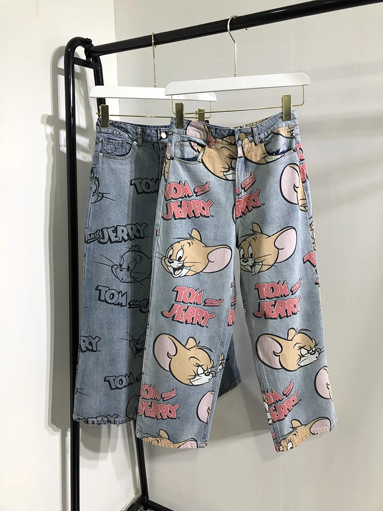 FREE SHIPPING Korean Jeans Cat And Mouse Print JKP4382