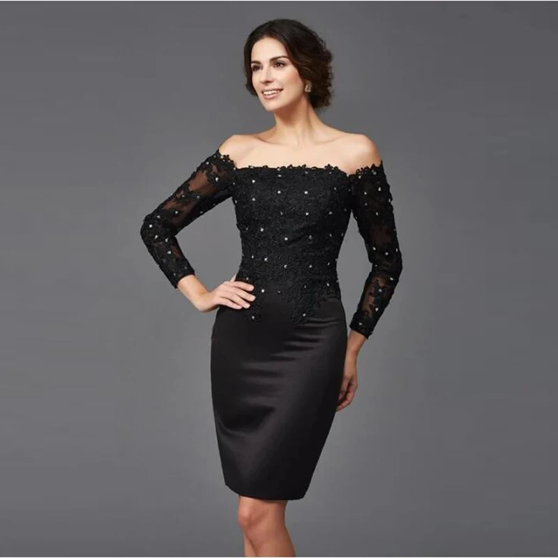 Latest Delicate Black Short Mother of the Bride Dresses Lace Beaded Off Shoulder Long Sleeves Wedding Guest Gowns Knee Length