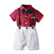 

New Boys Summer Suit Gentleman T-shirt Bowknot Red Striped Shirt Strappy Shorts Baby Kids Outwear Toddler Boy Clothes Set
