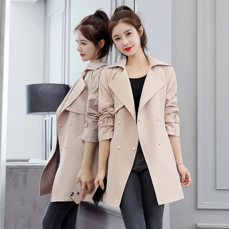 

2019 Autumn Solid Color Elegant Versatile Slim Fit Trench Coat Double Breasted Long Sleeve Straight-Cut