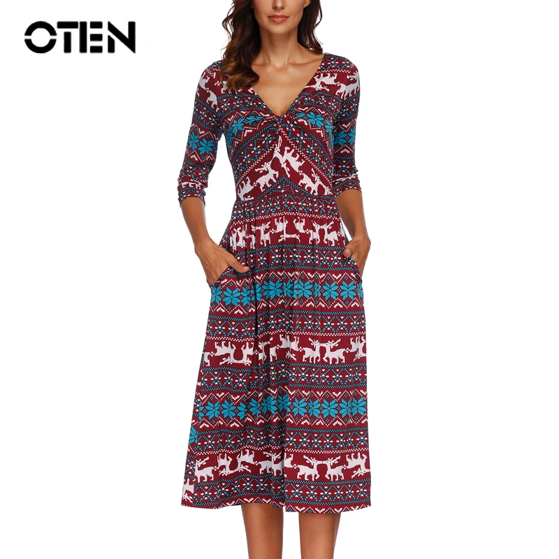 

OTEN Christmas Style 2019 Autumn New Women Dress Mid-Length Striped Print Vintage V Neck Pocket A-Line Casual Femme Clothing Red