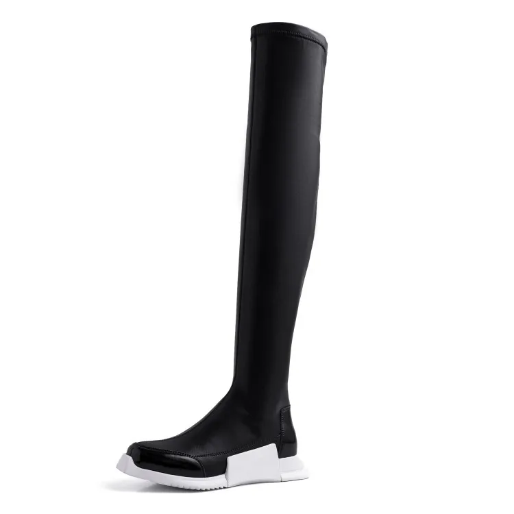 Оригинальное предназначение, Сапоги выше колена женские сапоги-носки из натуральной кожи зимние сапоги на плоской подошве с круглым носком женская обувь черного цвета - Цвет: EF7571 Black Leather