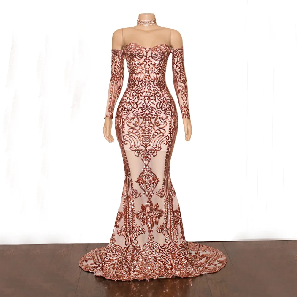 Charming Sequin Lace Prom Dresses Long Sleeves Off Shoulder Streamer