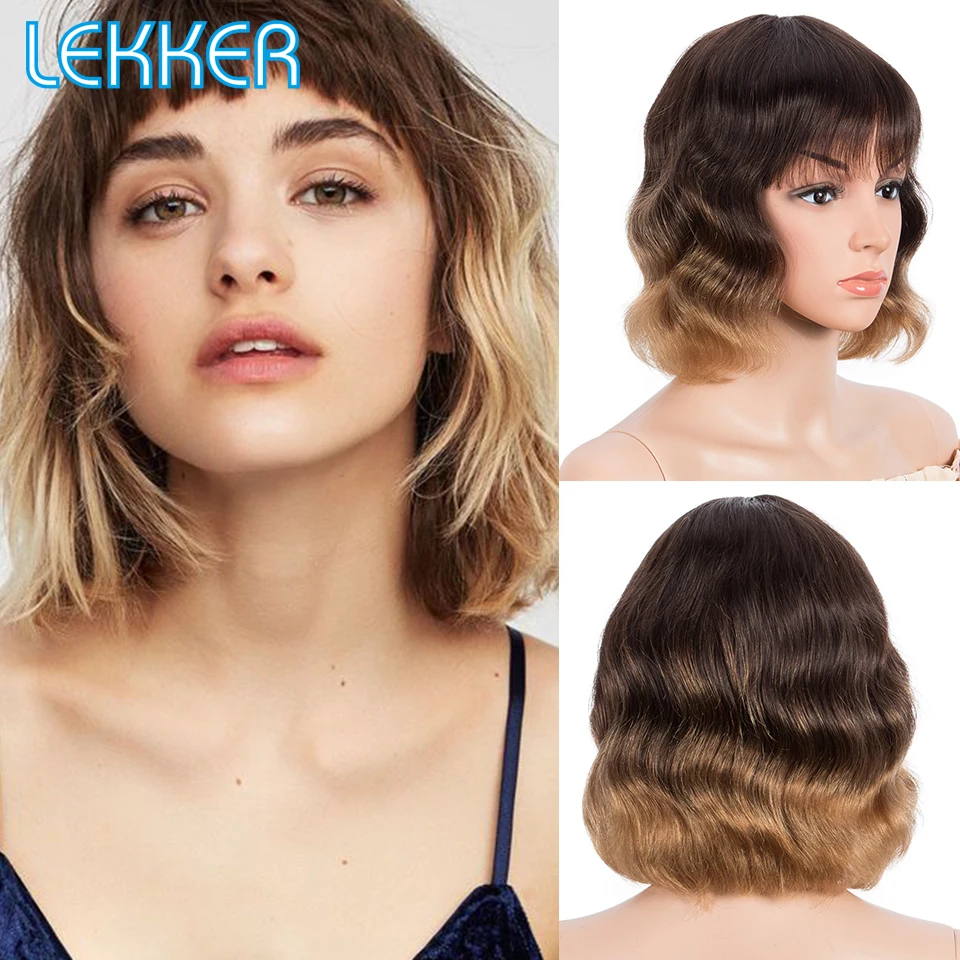 Lekker Short Deep Wave Bob Human Hair Wig With Bangs For Women Colored Brazilian Remy Natural Wavy Ombre Blonde Burgundy Red Wig