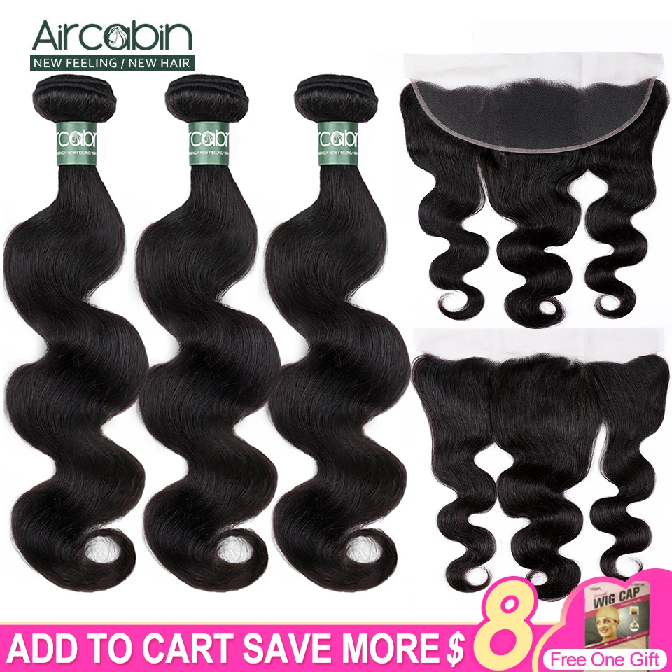 3/4-Bundles Closure Lace-Frontal Body-Wave Human-Hair Natural-Color Aircabin Brazilian