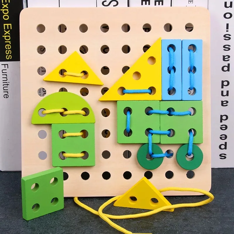 Различные формы DIY ремесла Резьбовая доска для детей деревянная игрушка животные шнуровка струны головоломки шнурки бусины игрушки