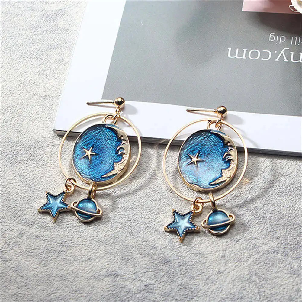 New fashion blue star moon long earrings female models girls pendant earrings temperament jewelry - Окраска металла: 6