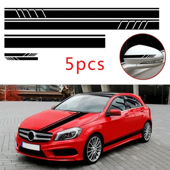 

New Arrival High Quality 5pcs Car Side Body Door Racing Stripe Vinyl Hood Roof Decals Sticker Decor Black