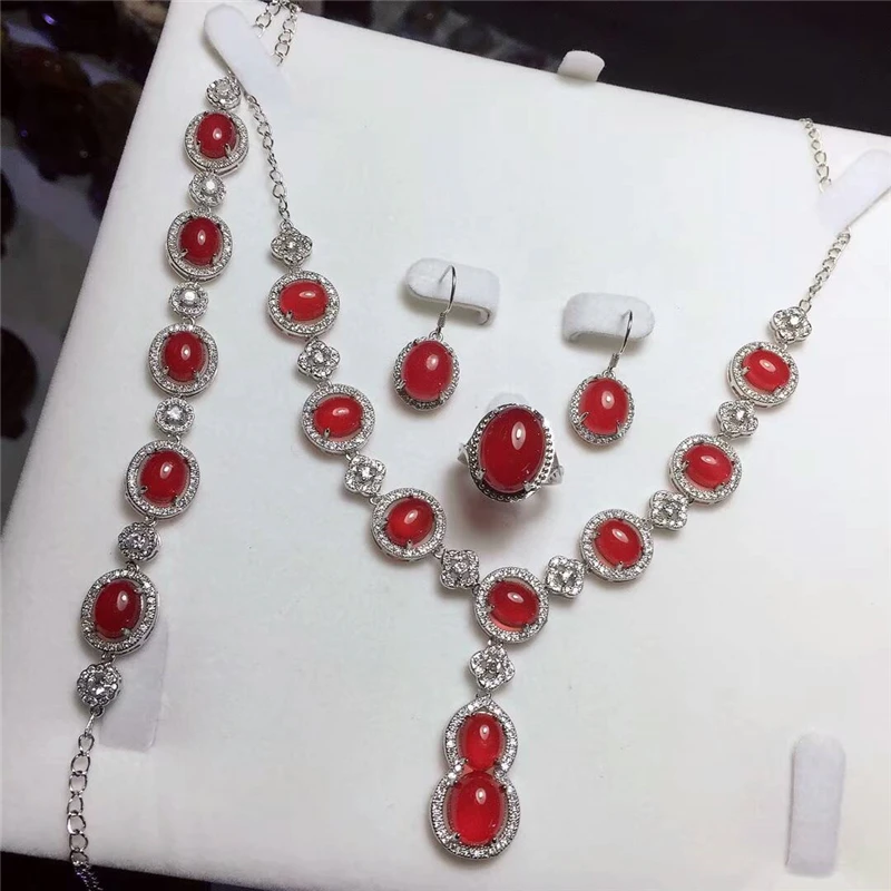 LETSFUN Fine Jewelry 925 серебро инкрустированный природный красный халцедон кулон ожерелье кольцо браслет серьги набор подарки
