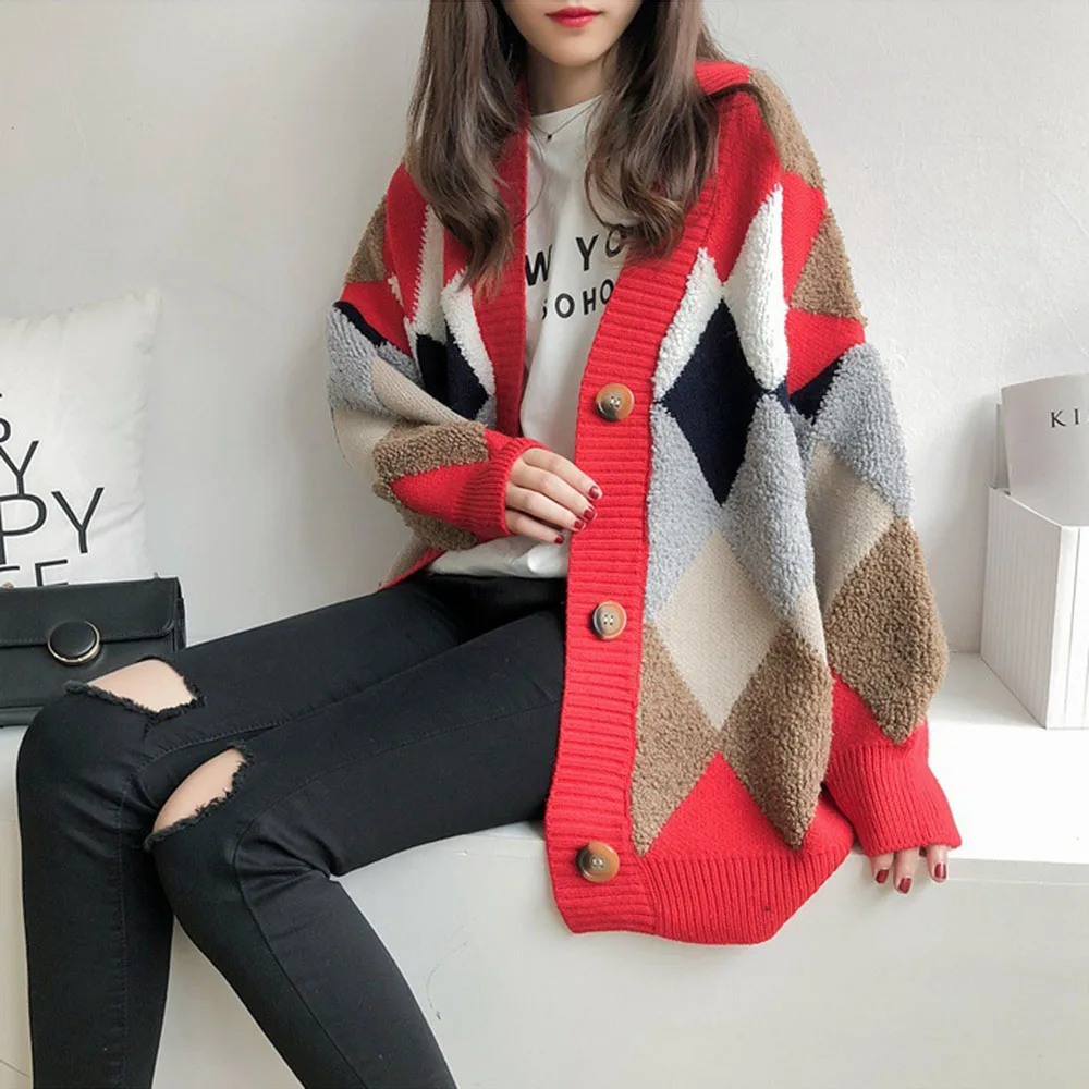 Loose Cardigan Sweater Coat Jacket Colorful Diamond Lattice Knit Korean Style Knitted Cardigan Single Breast Sweaters Women Tops