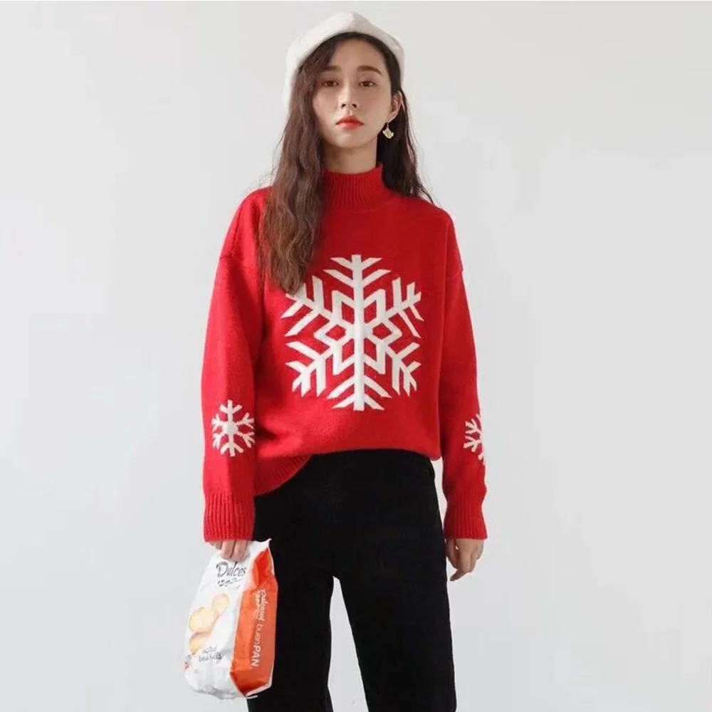 Wool Sweater Red Loose Thickened Christmas Snowflake Sleeve Outside Wearing New Year | Женская одежда