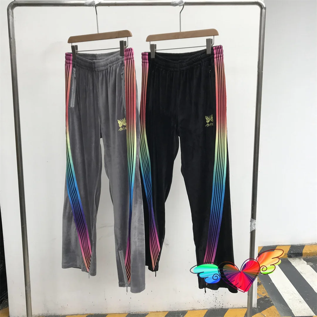 

Colourful Side Stripe Needles Pants 2021 Men Women Yellow Butterfly Embroidered AWGE Needles Sweatpants Velvet Sports Trousers