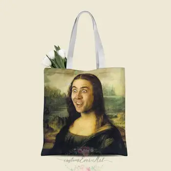 

Nicolas Cage Mona Lisa tote bag custom canvas tote bags for women for teacher Birthday Bags Gift Bag personalized gifts